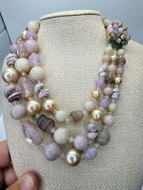 Japan Vintage Three Strand Pink Purple Art Glass Bead Necklace Size 14 Inch